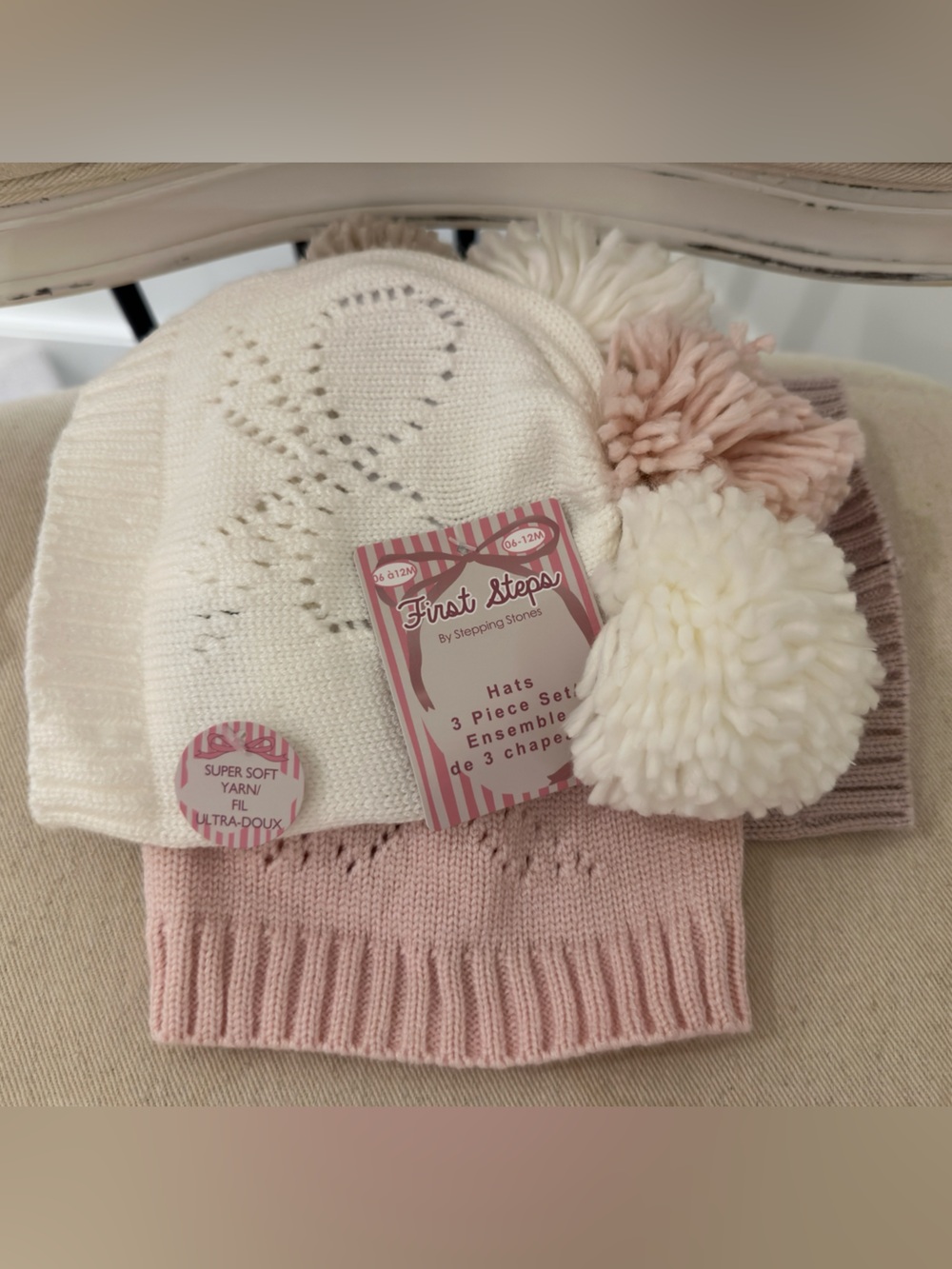 🦢 6~12 mth Baby Girl 3-Piece Pom Pom Bow Hat Set - White, Pink & Dusty Rose BWT